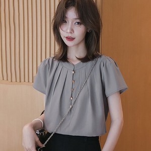 데일리 프렌치 얇은 반팔 셔링 블라우스 여름 반팔 티셔츠 무지 시원한 반팔티