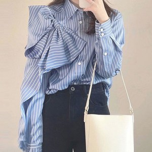 POMTOR스트라이프 셔츠 여성 블루 나비매듭 트랜드 상의