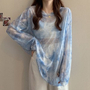 Chephie 여성 썬탠셔츠 차단 빅사이즈 망사 시스루 루즈핏 긴팔 티