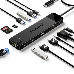 Lemorele 13 in-1 USB C 허브 유형 C 도킹 스테이션 RJ45 PD 100W 어댑터 VGA 1000Mbps 기가비트 이더넷 4K USB 3.0 허브, 검정, 검정, 1개