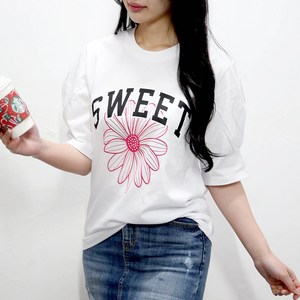 [당일출고] 여자친9 벌룬 소매퍼프 영문 플라워 프린팅 소프트 반팔티(S~2XL)-20수 코마사원단 12칼라