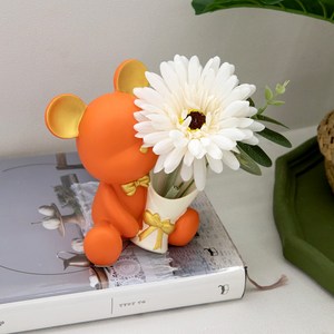 [꾸민뜰] 인테리어 소품 곰돌이 화병+조화꽃 세트(오렌지+거베라유칼립투스 세트), {