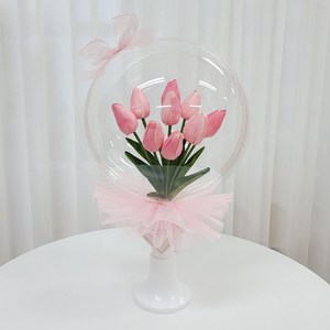 튤립 꽃풍선 레터링풍선 졸업 생일 풍선꽃다발, 튤립꽃다발 핑크, 손잡이형, 투명창쇼핑백