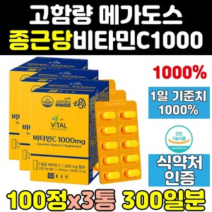 종근당 비타 비타민 c 씨 메가도스 1000 1000mg 3통 고용량 메가도즈 고농축 아스코르빈산 메가씨 프리미엄 비타민씨 식품 고함량 식약처인증 비타민c 정, 3개, 100정