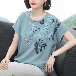 100% 순면 플라워 자수 여성용 반팔 티셔츠 나그랑 라운드넥 상의 반팔티 엄마옷