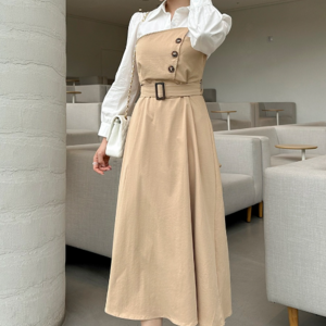 [파인스토리]벨트원피스 카라넥 뷔스티에형 버튼 벨트세트 A라인 롱 원피스
