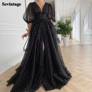 Sevintage블랙별이빛나는얇은명주그물무도회드레스반퍼프소매웨딩파티드레스플리츠스플릿스윕트레인긴무도회가운벨트