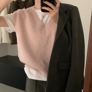 마인드재뉴에어리 루즈핏 여성 레이어드 니트 베스트 조끼