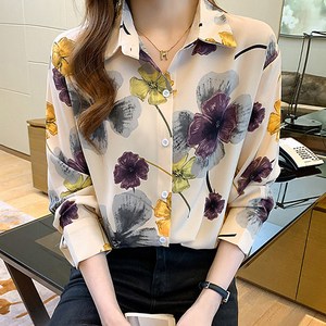 데일로엔 플라워프린팅 카라 쉬폰 긴팔블라우스