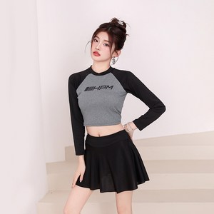 KCPJ 여성 긴소매 래쉬가드 스커트 투피스 비치/실내 수영복 상하의 세트, 블랙그레이