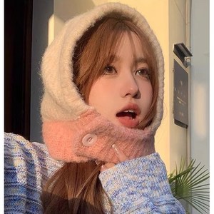 유티즌 니트 바라클라바 모자목도리 멀티컬러 단추 니트넥워머