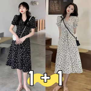 BIKASU 여성 여름 미디 원피스 퍼프소매 플라워원피스 편한 원피스 1+1