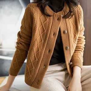 여성용 라운드넥 꽈배기 니트 가디건 멜린