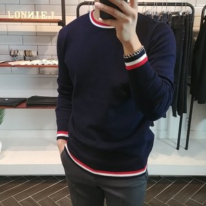 로니제이 남자 캐시미어 배색 라운드 니트
