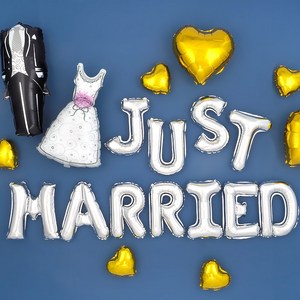 웨딩파티 장식세트 [드레스&턱시도 Just Married 실버] 손펌프증정 파티용품 파티풍선 프로포즈 웨딩 기념일, 1개