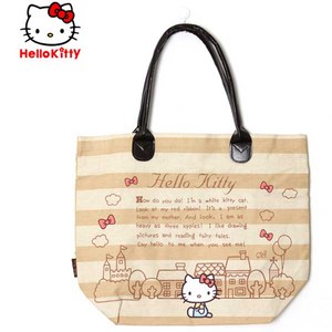 산리오 헬로키티 캐릭터 에코백 - 베이지 스트라이프