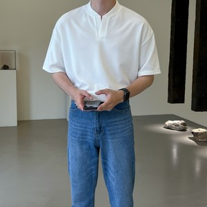 데일트 남자 여름 오버핏 브이넥 헨리넥 반팔티
