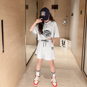 조이걸스 2024년 summer time 여아 여름 그레이 한벌 세트 레터링 PK티셔츠 폴로티 카라 티셔츠 혼방 반팔 티셔츠 스웨트 반바지 츄리닝 초중생 초등생 중등생 단체복