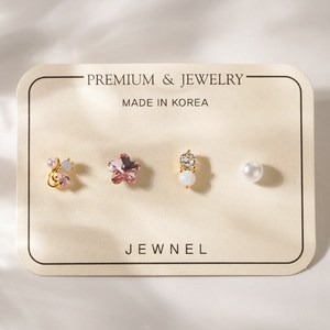 쥬넬 써지컬스틸 컷 플라워 큐빅 진주 디자인 피어싱 4종 세트