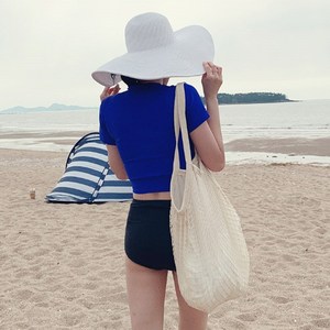 오키진 여성 래쉬 반팔 비키니 세트 상하의 캡내장 수영복, 블루