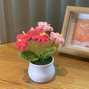 구미호 완제품 선물 차량용 사무실 장식품 니트 미니 꽃 화분 (양면테이프 포함), 1개, 물망울꽃(레드+핑크)