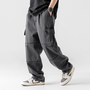 우일신 초이 남성용 와이드핏 밴딩 데님 카고 팬츠