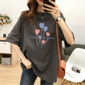 스타일아유 여성 여름 반팔 티셔츠 면100% 원작 하트 풍선 프린트 빅사이즈 M~2XL 오버핏 반팔티 롱티 자체제작