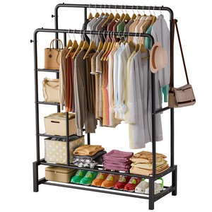 JOISCOPE 이중 막대 이중 선반 옷을 걸기 위한 휴대용 독립형 금속 의류 랙 공간 절약, 블랙