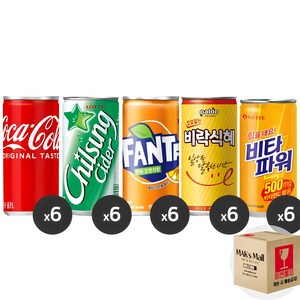 [막스] 혼합세트 190ml 30입(각6개씩) 미니 캔음료 음료수 캔콜라 캔사이다, 1세트, 20)코카콜라6 칠성사이다6 환타6 밥알식혜6 비타6
