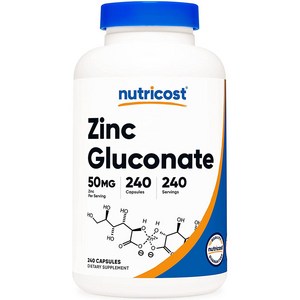 뉴트리코스트 징크 아연 글루코네이트 240 캡슐 1병 1서빙 50mg 240회분 Zinc Gluconate Capsules [50 MG] [240 CAPS], 1개, 240정