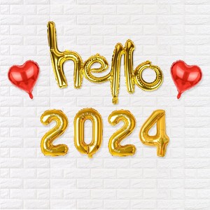 파티짱 hello 2024 하트 풍선 세트 소문자 신년회 연말파티 해피뉴이어, 골드골드레드