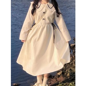 경성의복 개화기원피스 복고풍의상 QWEEK 프레피 스타일 귀여운 학교 화이트 드레스 부드러운 소녀 일본 하라주쿠 피터팬 칼라 패션