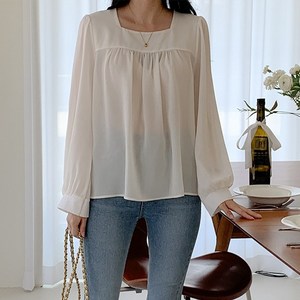[끄란느] 스퀘어 시스루 긴팔 블라우스 2color CR24BL002