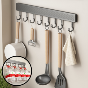 홈앤힐링 주방 무타공 부착식 조리도구걸이, 그레이 고리 6개, 1개