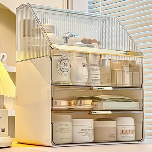 Zuge 화장품 정리함 커버형 특대형 3단 화장품정리함 + 브러쉬 보관함, 1개, 화이트+투명