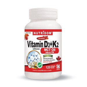 뉴트리돔 비타민 D3 (1000 IU) + K2 (120mcg) MK-7 MCT 오일 함유 캐나다 직구 영양제 카포리아 (120개입 또는 300개입 택일), 120정