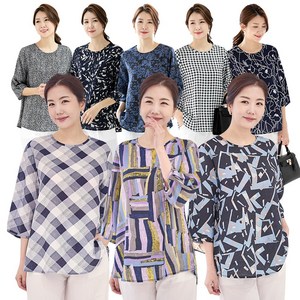 우일인견 여성용 인견 패턴 셔링 7부 블라우스 L XL 2XL