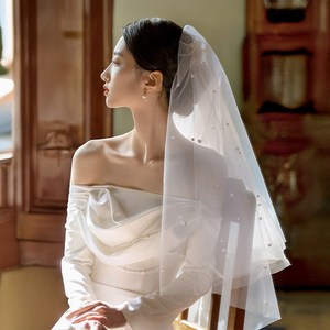 셀프웨딩 리본 면사포 베일 진주 촬영소품 브라이덜 샤워 숏 화이트, 1개, C.기본진주 화이트2단