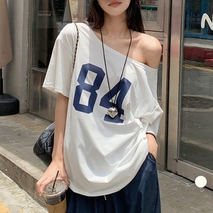 LALABELLE 여성용 티셔츠 캐주얼 라운드 숫자 프린트 오프숄더 반팔 티셔츠