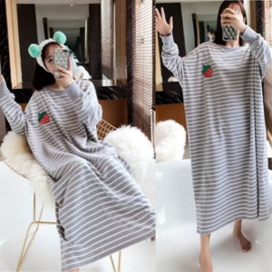 엘리시 스트라이프 원피스 긴팔 파자마 오버핏 긴팔 임산부 수면 파자마 여성 잠옷 홈웨어 빅사이즈