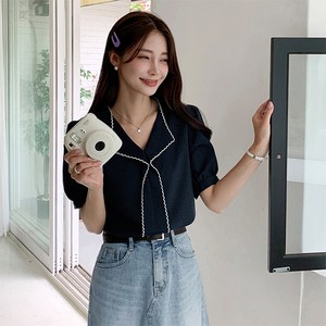 [마이더스비] 이르 물결 배색 블라우스