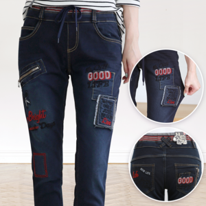 비비앤제이 여성용 겨울 스판 데님팬츠 엉덩이 자수포인트 안감기모 청바지 국내생산