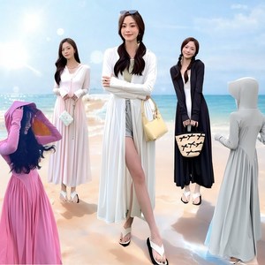 [웨일쓰] 여성 자외선차단 냉감 롱 후드집업 여름 초경량 UV 햇빛가리개 롱 가디건 썬캡 탈부착 시원한 비치웨어 루즈핏 플리츠 자켓 레쉬가드