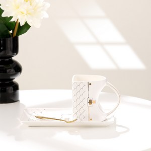 신형 핸드백 머그컵 커피잔 세트 선물용, 접시포함 3종풀세트, 1개, 화이트