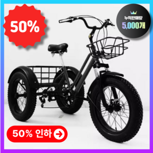 하차감 휠앤시티 세발 자전거 성인용 짐받이 바구니 2인승 어르신 삼륜 삼발이 바이크, 1개, 180cm, 블랙