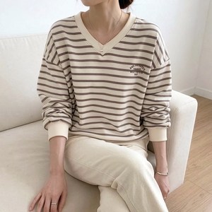 데일리앤 더스트 여성 루즈핏 자수 레터링 긴팔 맨투맨 기본 면 스트라이프 티셔츠 봄