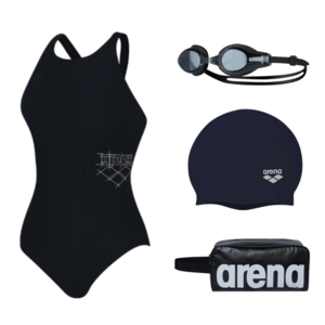 [국내정품] 아레나 그리드 원피스 레이서백 블랙 실리콘 수모 수경 손가방 세트 / 여자 수영복 물안경 수영 모자