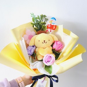 꽃마리 산리오 인형 꽃다발 입학식 졸업식 꽃다발 학예회 시나모롤 꽃다발, 폼폼푸린+킨더(랜덤)+캘리택, 1개