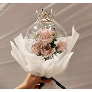 앨리스 아크릴 꽃풍선 장미 비누 꽃다발 소 (왕관+LED조명+쇼핑백 포함), 화이트로즈
