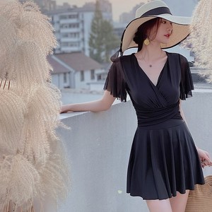 SweetieHobby 원피스 수영복 모노키니 실내 비치 체형커버 휴양지 바캉스 여행 호캉스 패션 반팔 여성 비치웨어 프릴 시스루, 블랙시스루
